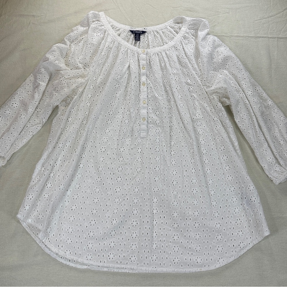 Chaps Women’s White Eyelet Peasant Blouse Balloon 3/4 Sleeve Sz L Boho Cottage